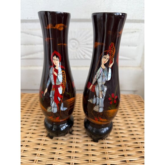 Vintage MCM Pair Lacquer wood footed Vases Inlaid Shell Geisha Girls - Picture 1 of 9